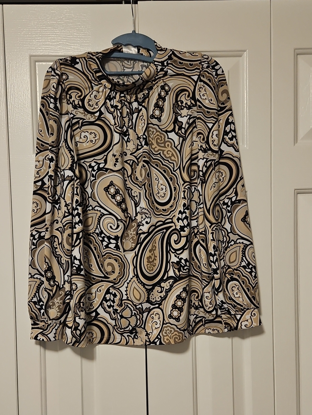 Paisley Print Long-Sleeve Blouse in Beige and Black